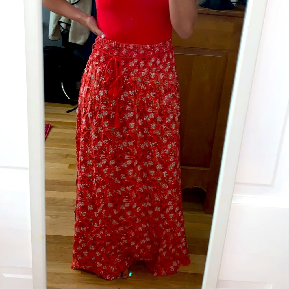 Red floral print maxi skirt